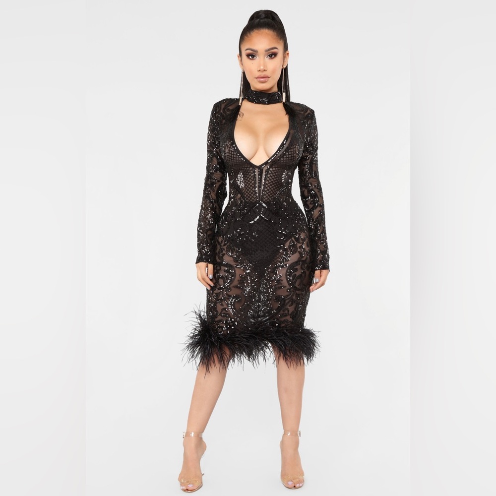 Fashion Nova Black Lace Feather Dress